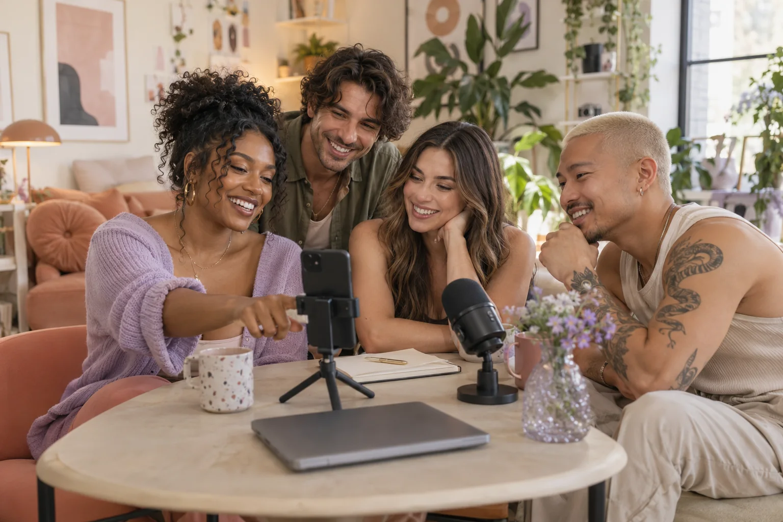 Four creators sharing ideas around a table in a bright creative studio