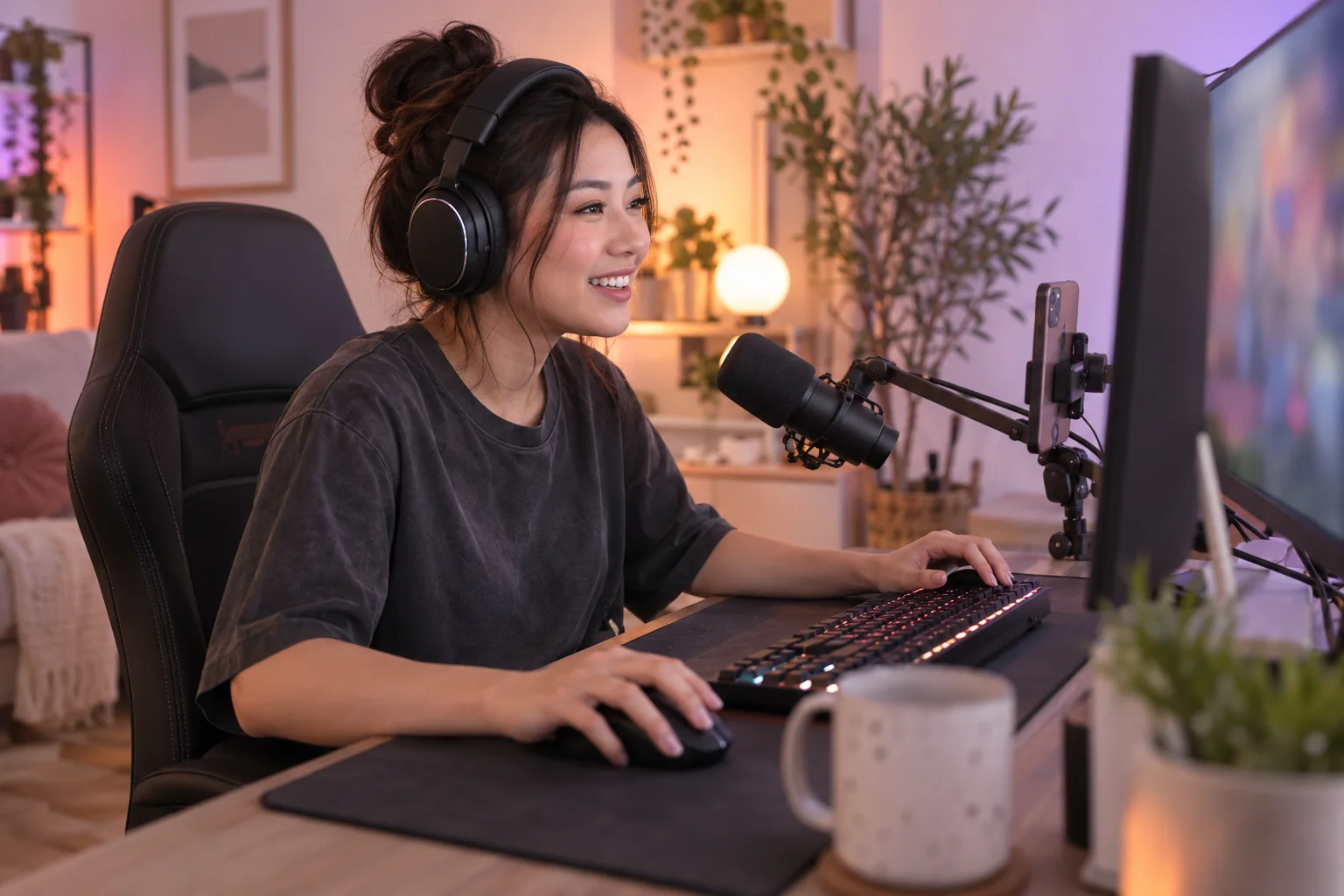 A gaming creator streaming from a PC setup with headphones and a microphone