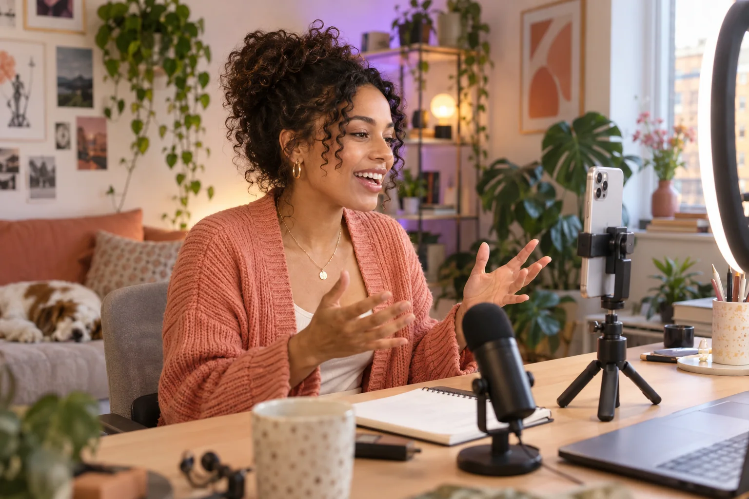 A creator chatting to a phone on a tripod in a warm home studio