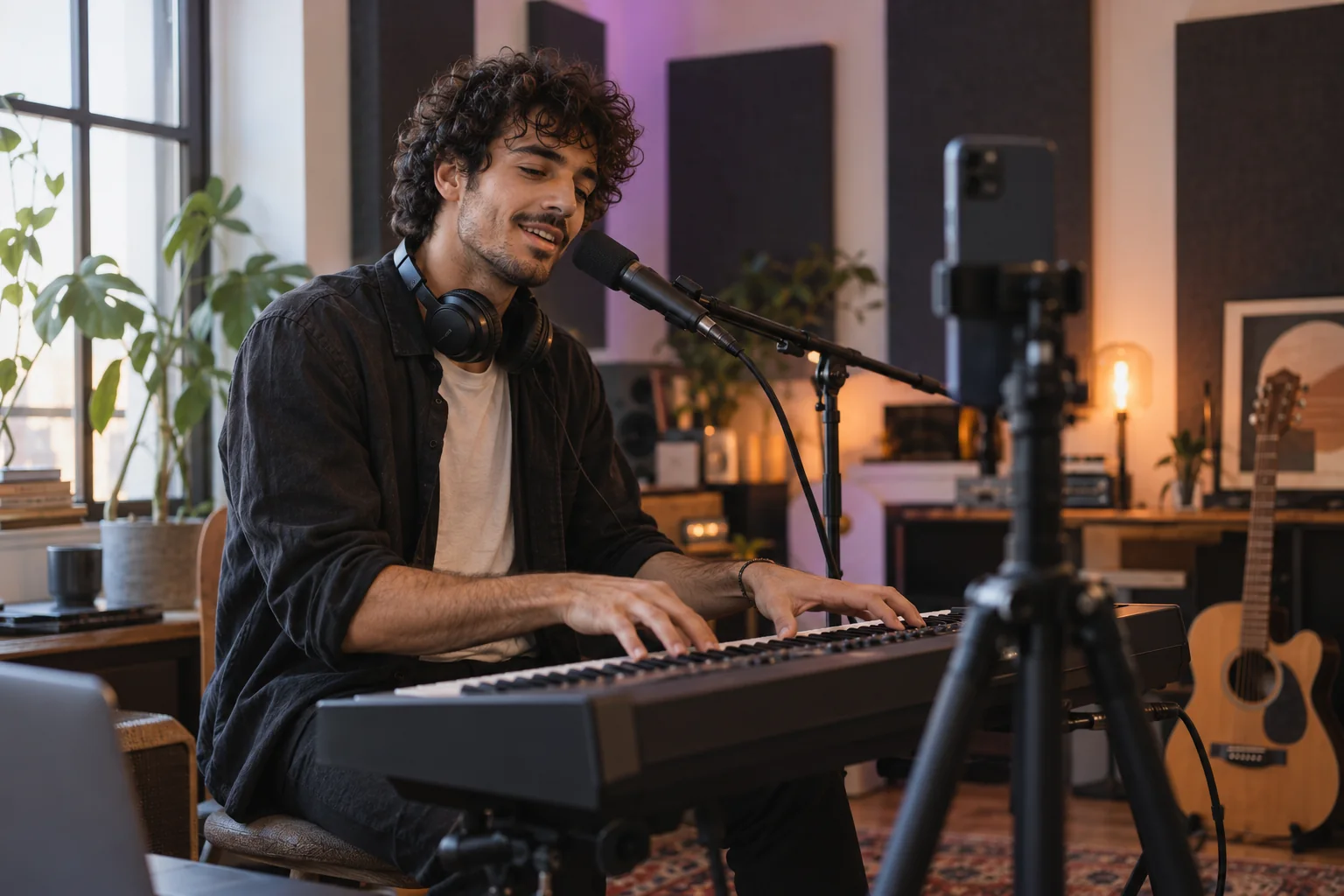 A musician playing a keyboard and performing towards a phone in his studio