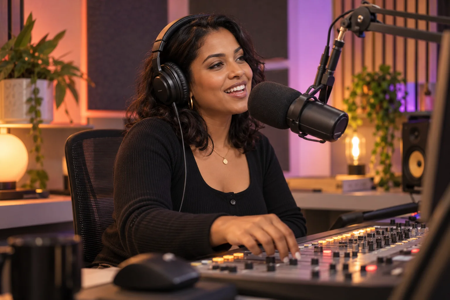 A radio presenter wearing headphones and speaking into a microphone at a mixing desk