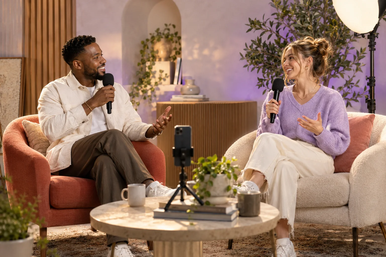 A host and guest chatting with microphones in a relaxed livestream talk-show studio
